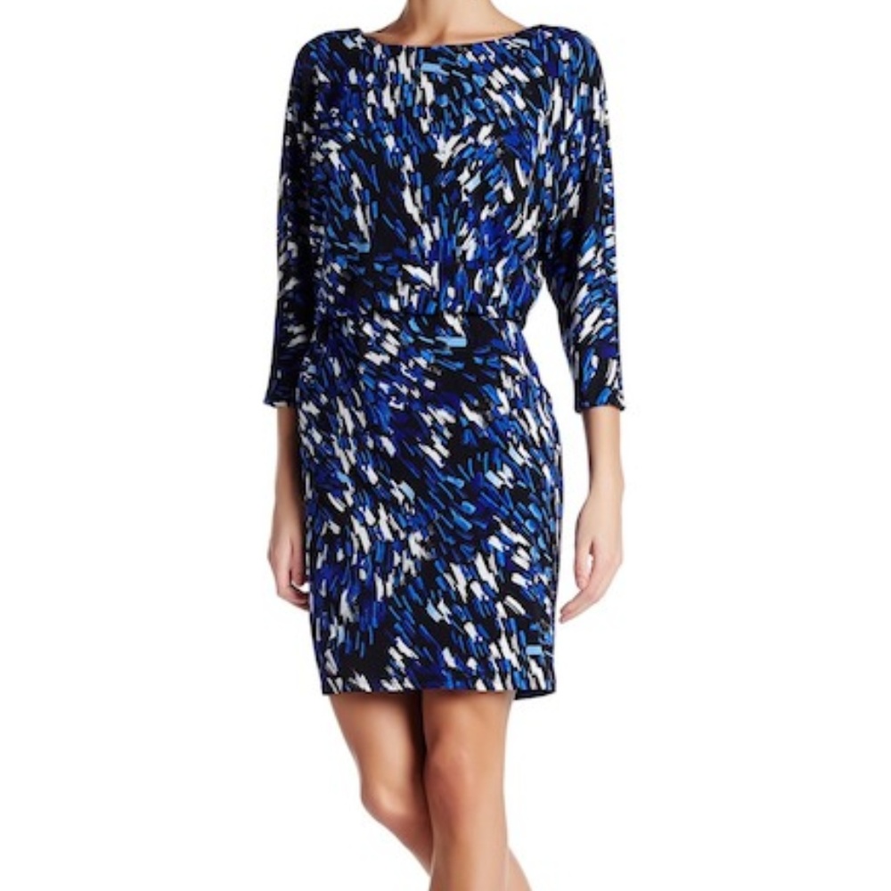Nine West Dolman Sleeve Blouson Blue Black Dress 6 - Picture 1 of 2